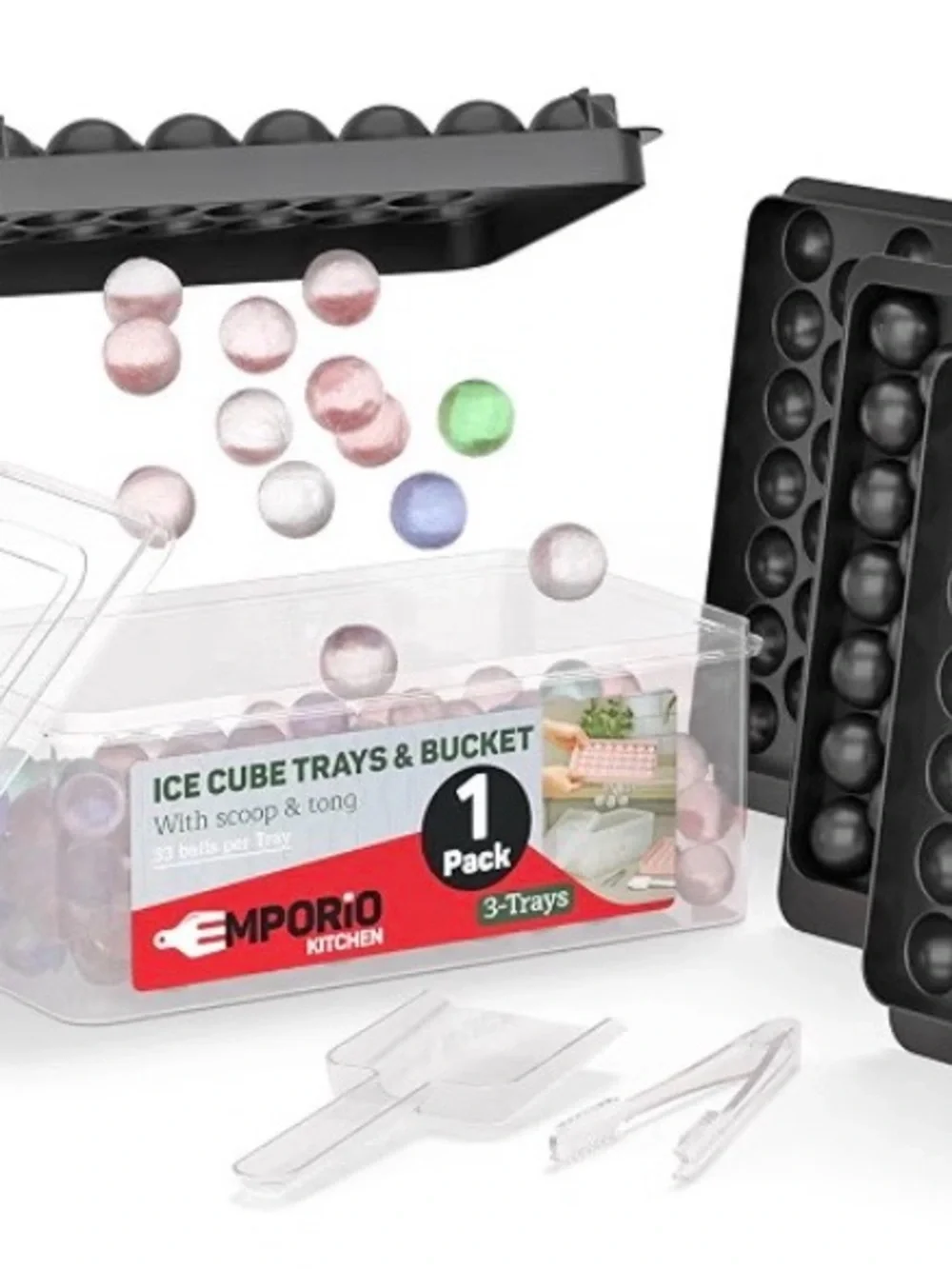 NEW Round Ice Cube Tray with Lid & Tongs – Makes 33 Mini Ice Balls, Black